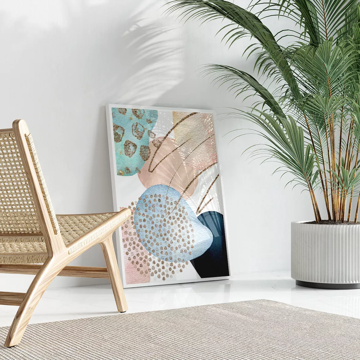 青とピンクの抽象アート3枚セット ゴールドアクセント モダンデザイン