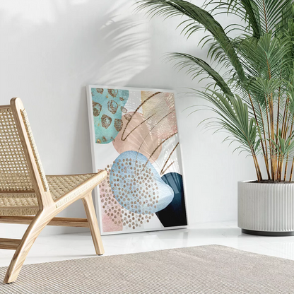 青とピンクの抽象アート3枚セット ゴールドアクセント モダンデザイン