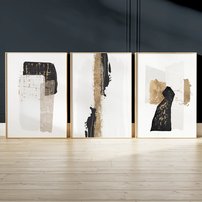 ベージュとブラックのミニマル抽象テクスチャアートポスター 北欧モダンインテリア 3枚セット