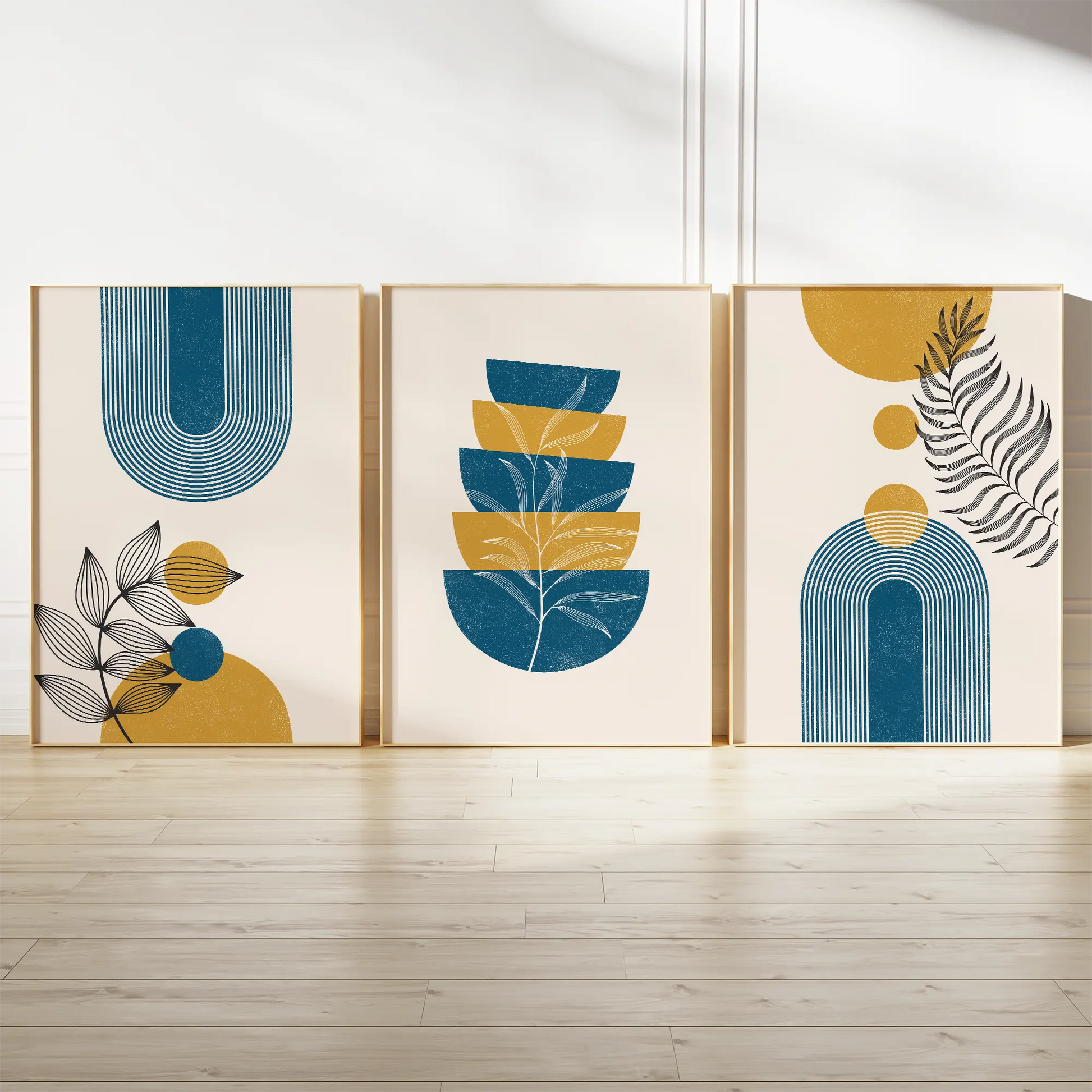 ブルーとイエローのジオメトリックボタニカル抽象アートポスター 北欧モダン 3枚セット