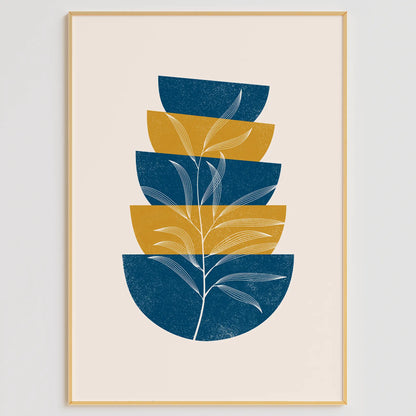 ブルーとイエローのジオメトリックボタニカル抽象アートポスター 北欧モダン 3枚セット