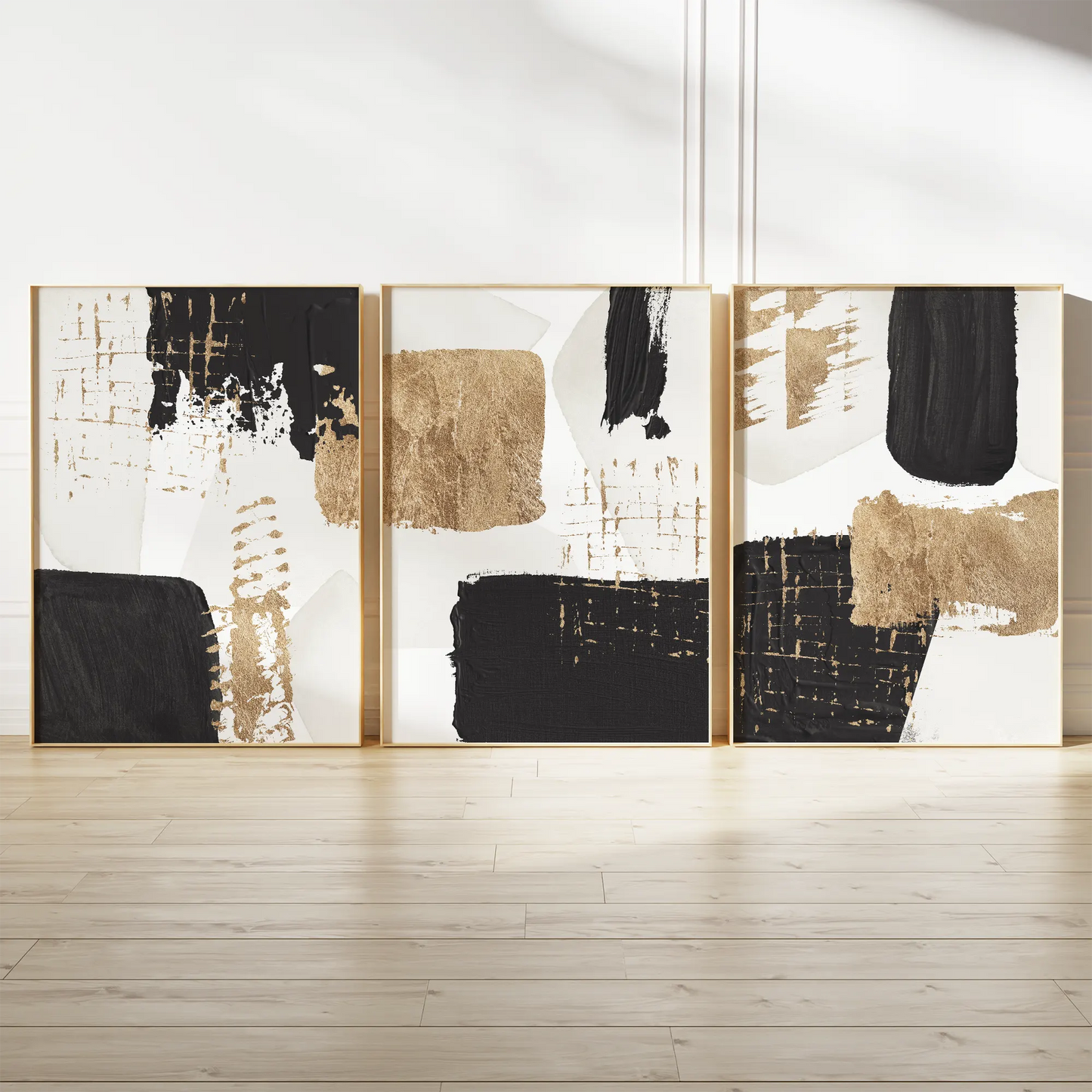 ゴールド箔風テクスチャとブラック筆致の抽象アートポスター 北欧モダンインテリア 3枚セット
