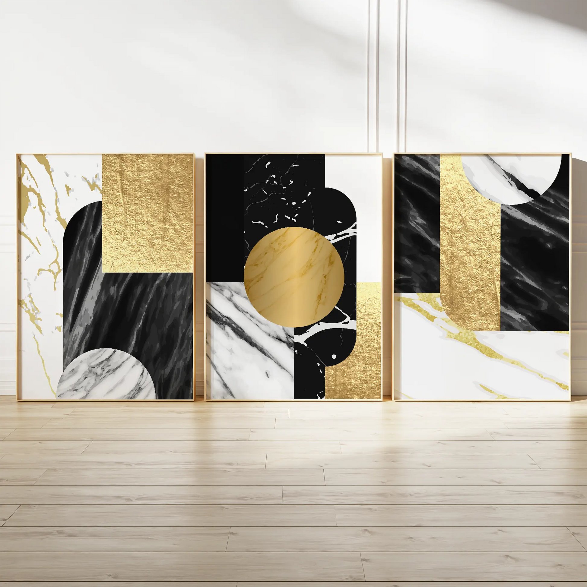 抽象的なゴールドマーブル調の高級感あるアートポスター 北欧モダンインテリア 3枚セット