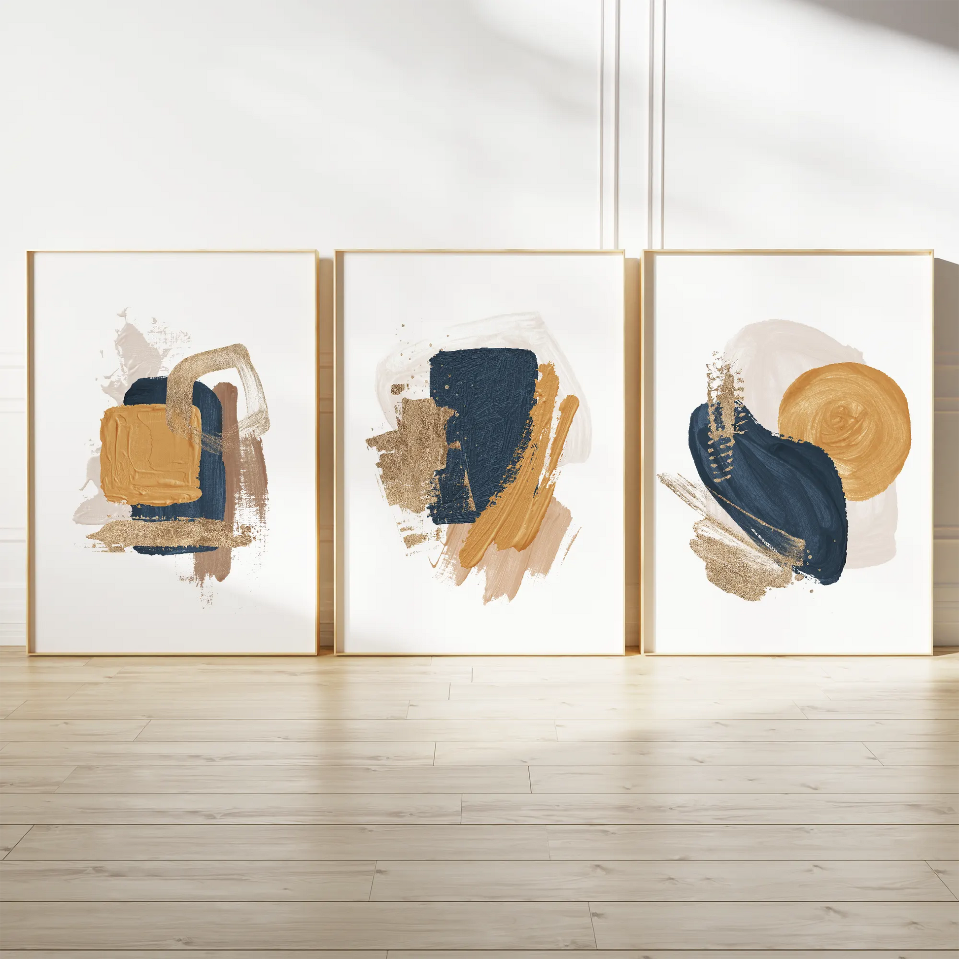 抽象的なゴールドとネイビーのブラッシュストロークアートポスター 北欧モダンインテリア 3枚セット