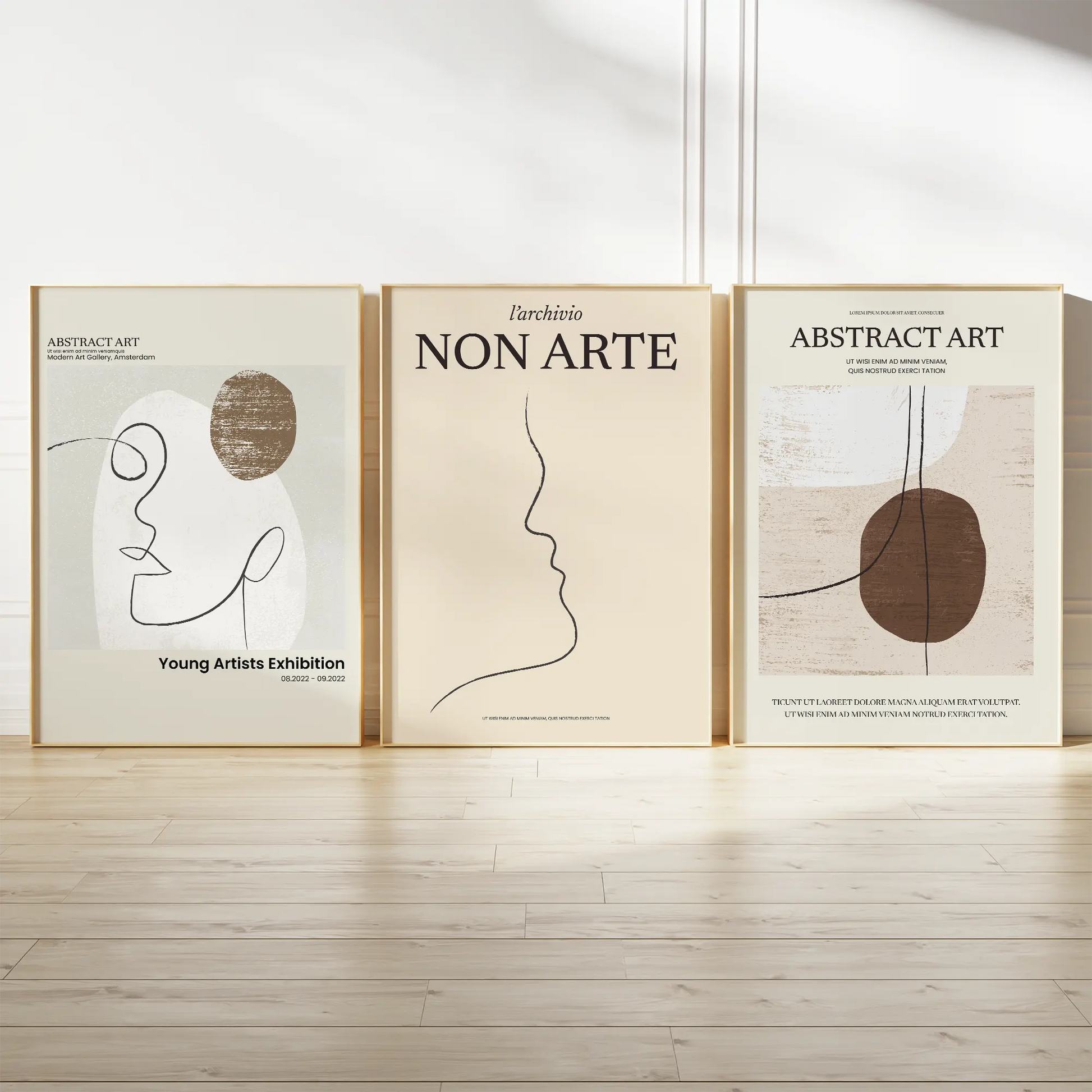 クリームホワイトとブラウンの抽象ラインフェイスアートポスター 北欧ジャパンディ 3枚セット