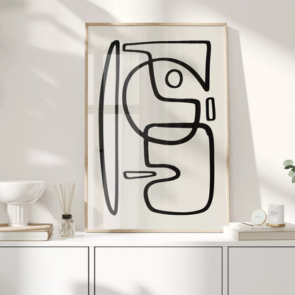 モダンな黒線による抽象的な顔のシルエットアート、シンプルな線画