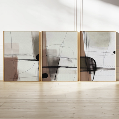 ベージュブラウンの抽象ラインアートポスター 北欧モダン 3枚セット