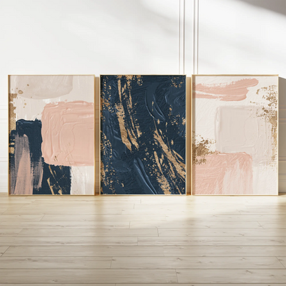 抽象ネイビーピンクゴールドブラッシュの北欧モダンアートポスター 3枚セット