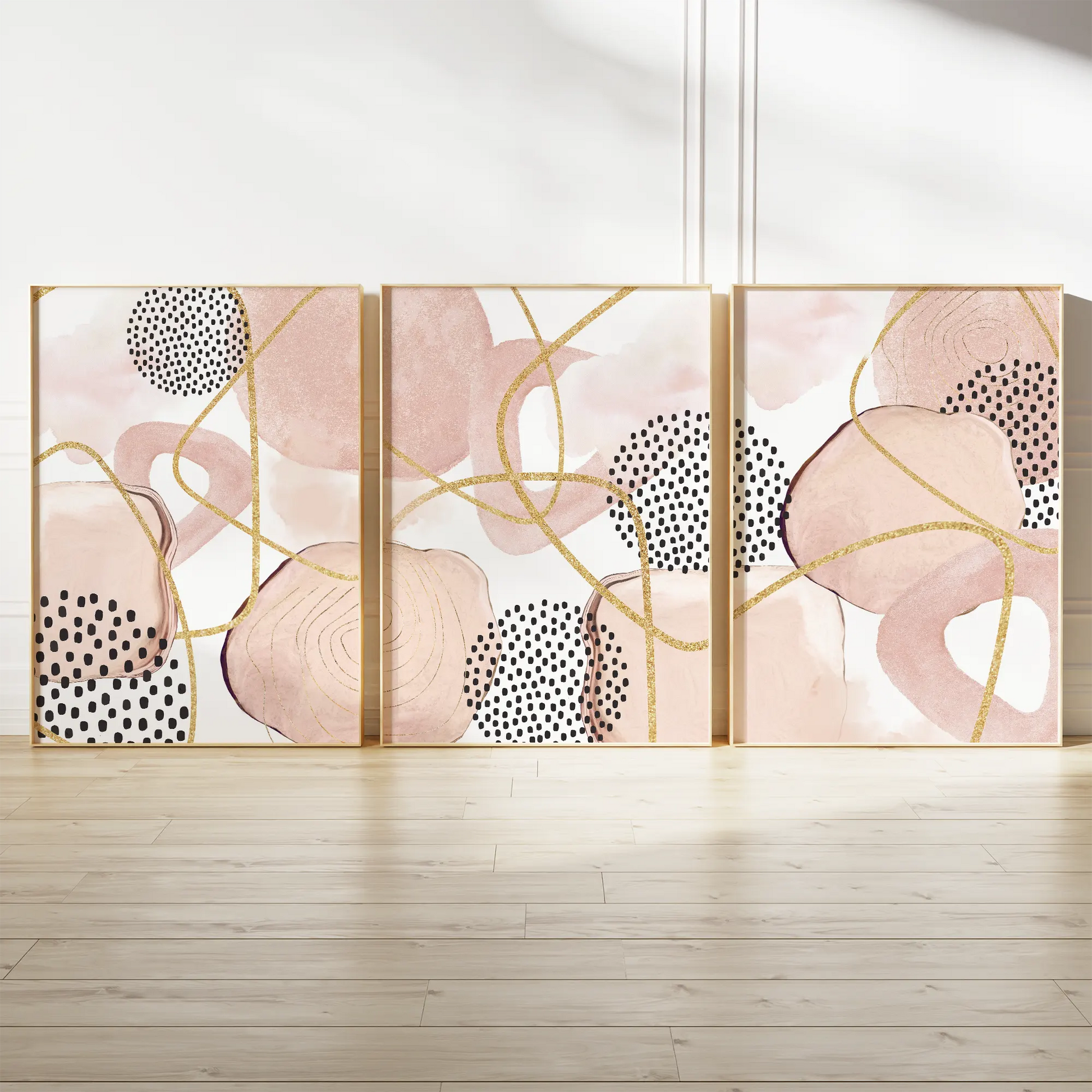 抽象ピンクとゴールドラインドットの高級感あるアートポスター 北欧モダンインテリア 3枚セット