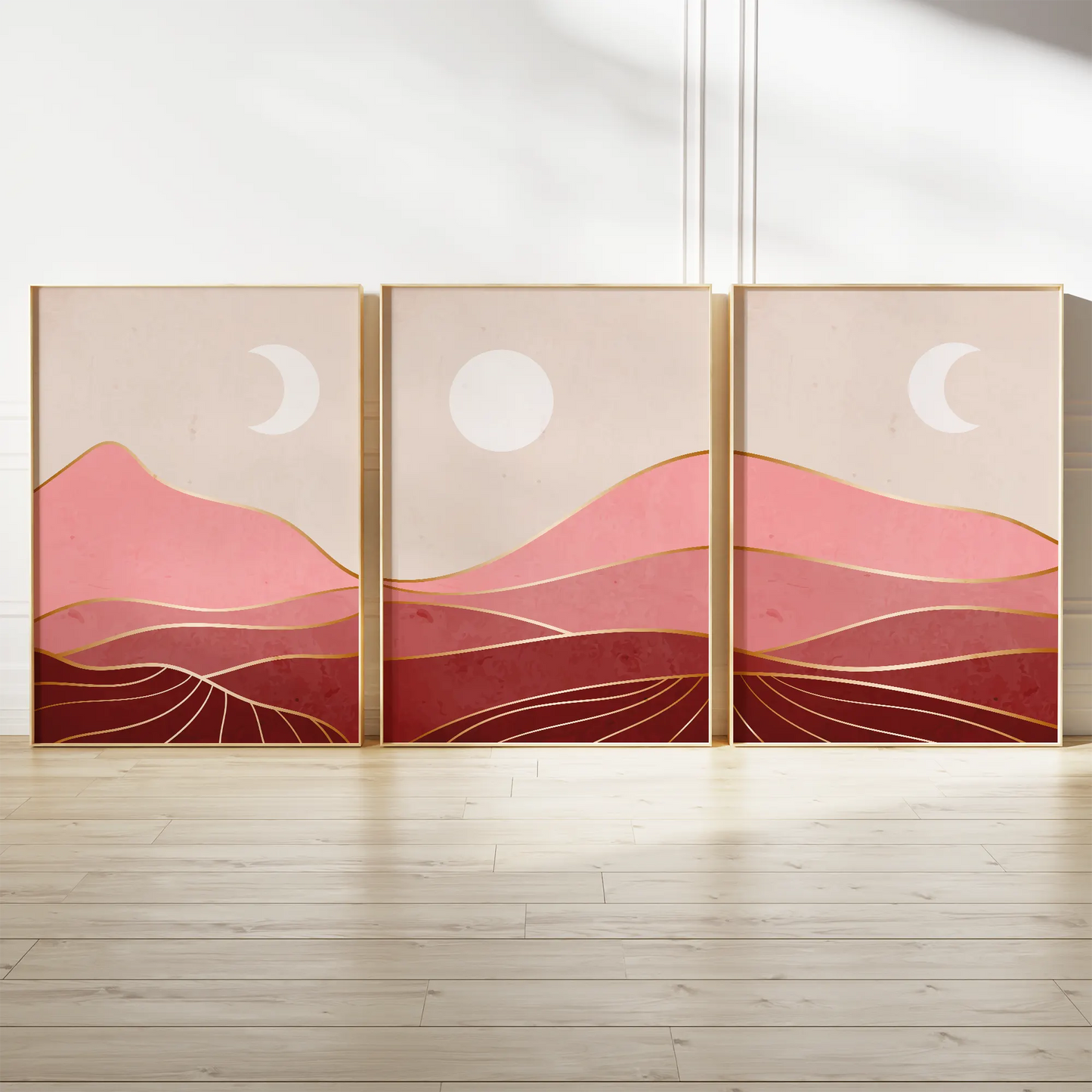 月の満ち欠けとピンク山脈の高級感ある抽象アートポスター 北欧モダンインテリア 3枚セット