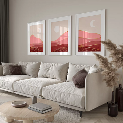 アートポスター 月の満ち欠け ピンク山脈 高級感 北欧モダンインテリア 3枚セット