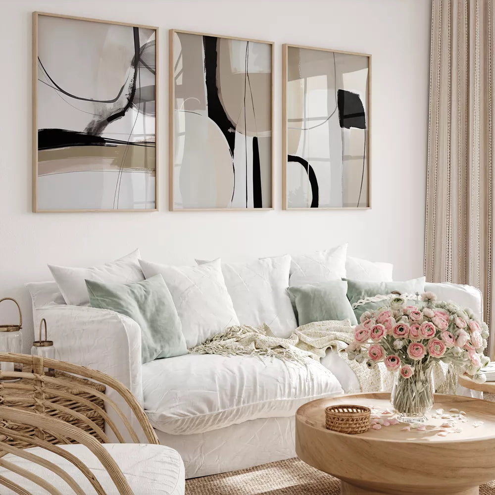 モノトーン抽象アート3点セット、禅の精神を表現した曲線美