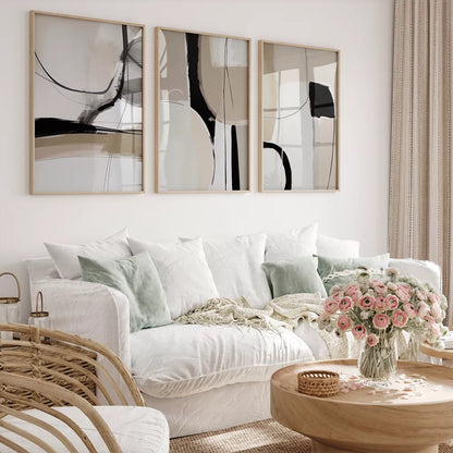モノトーン抽象アート3点セット、禅の精神を表現した曲線美