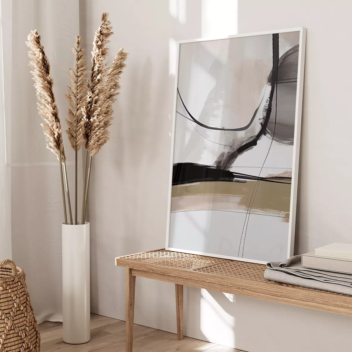 モノトーン抽象アート3点セット、禅の精神を表現した曲線美