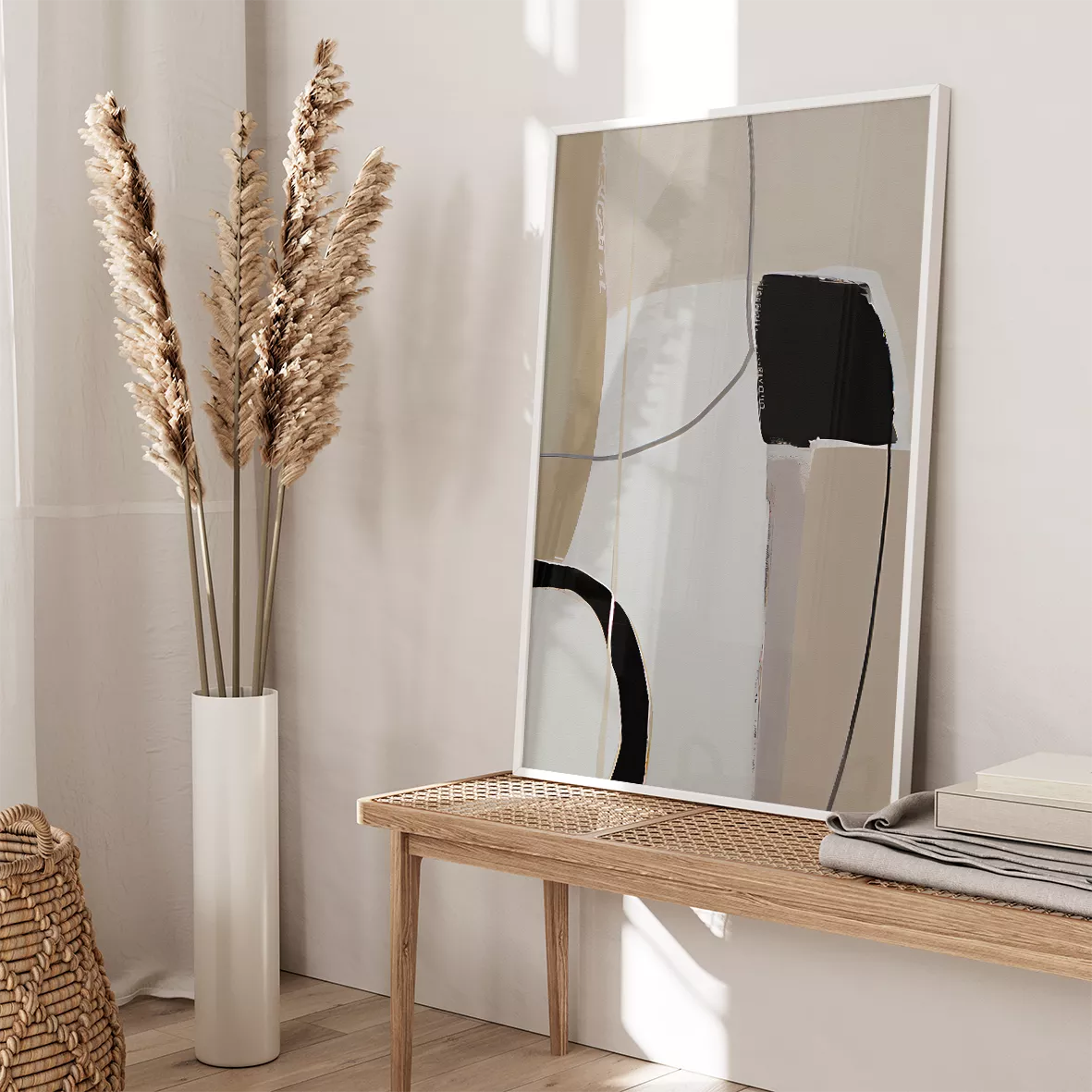 モノトーン抽象アート3点セット、禅の精神を表現した曲線美