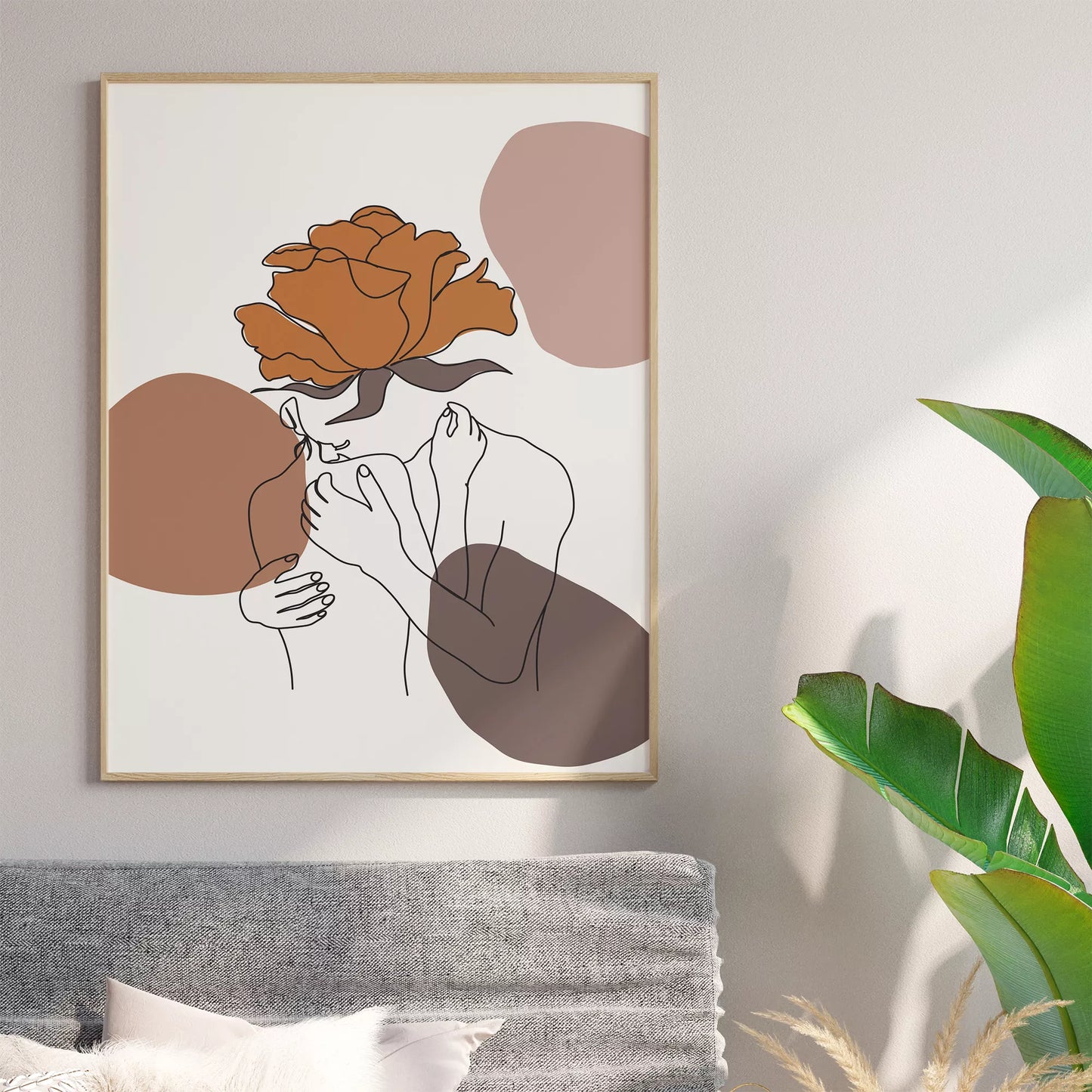 テラコッタカラーのバラと線画アートのモダンな抽象画