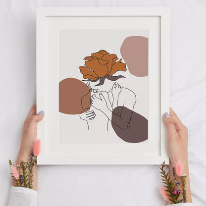 テラコッタカラーのバラと線画アートのモダンな抽象画