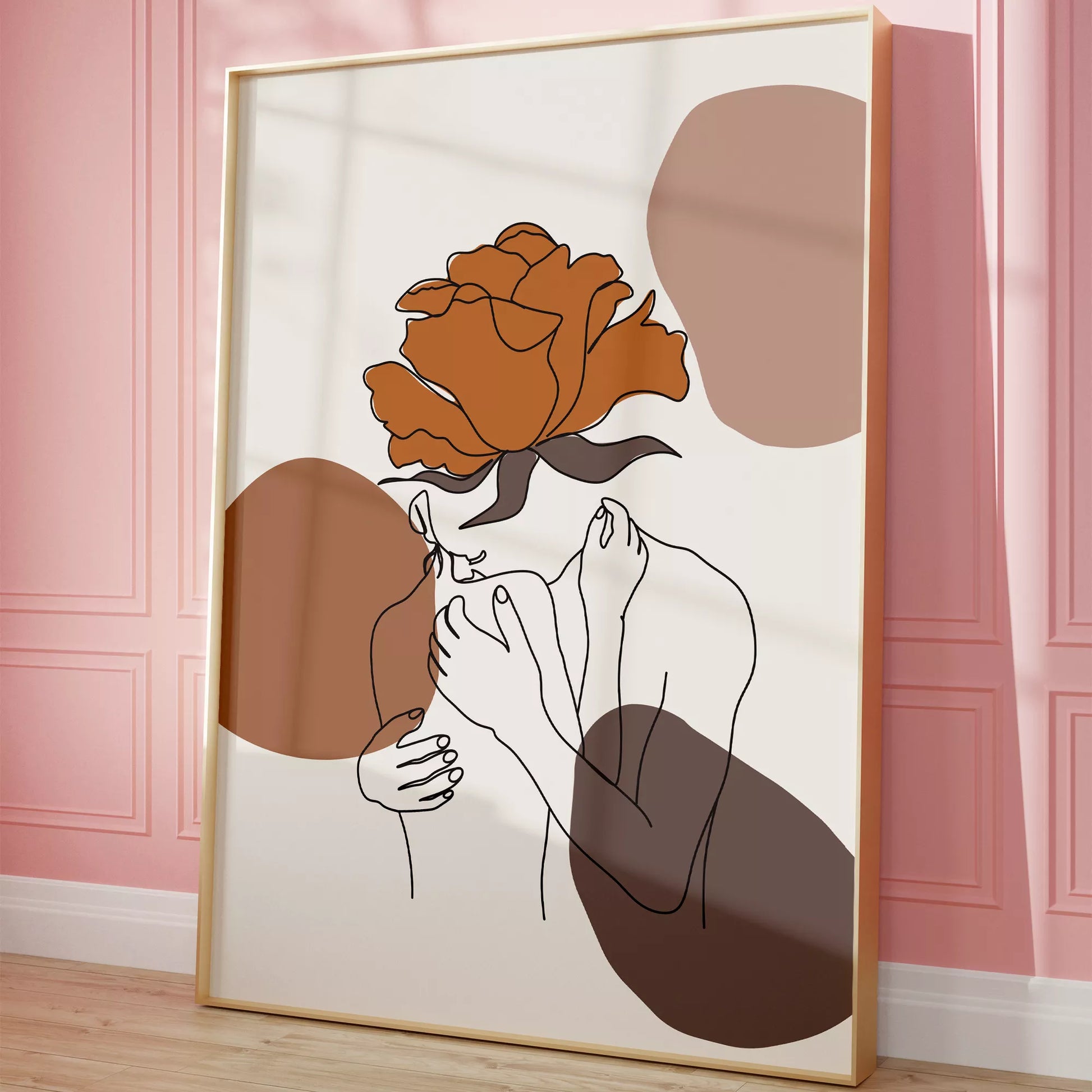 テラコッタカラーのバラと線画アートのモダンな抽象画