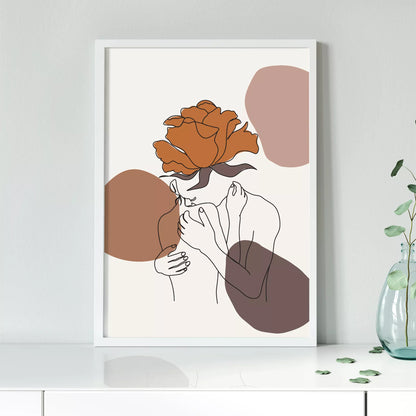 テラコッタカラーのバラと線画アートのモダンな抽象画