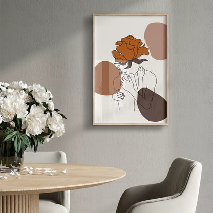 テラコッタカラーのバラと線画アートのモダンな抽象画