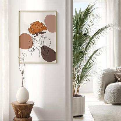 テラコッタカラーのバラと線画アートのモダンな抽象画