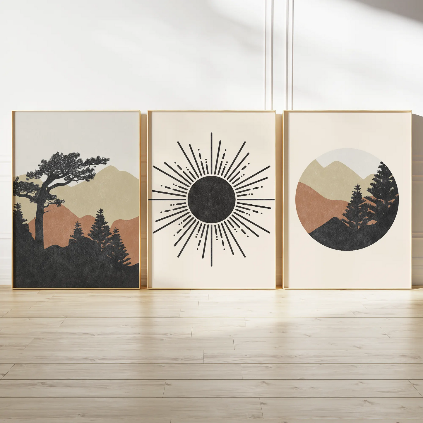 松と山と太陽を描いたミニマル北欧アートポスター3枚セット