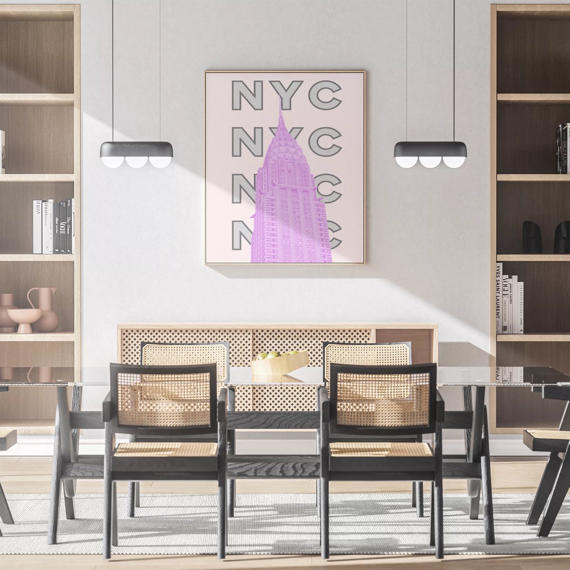 ピンク色のクライスラービルとNYCタイポグラフィーのモダンアート
