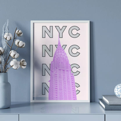 ピンク色のクライスラービルとNYCタイポグラフィーのモダンアート