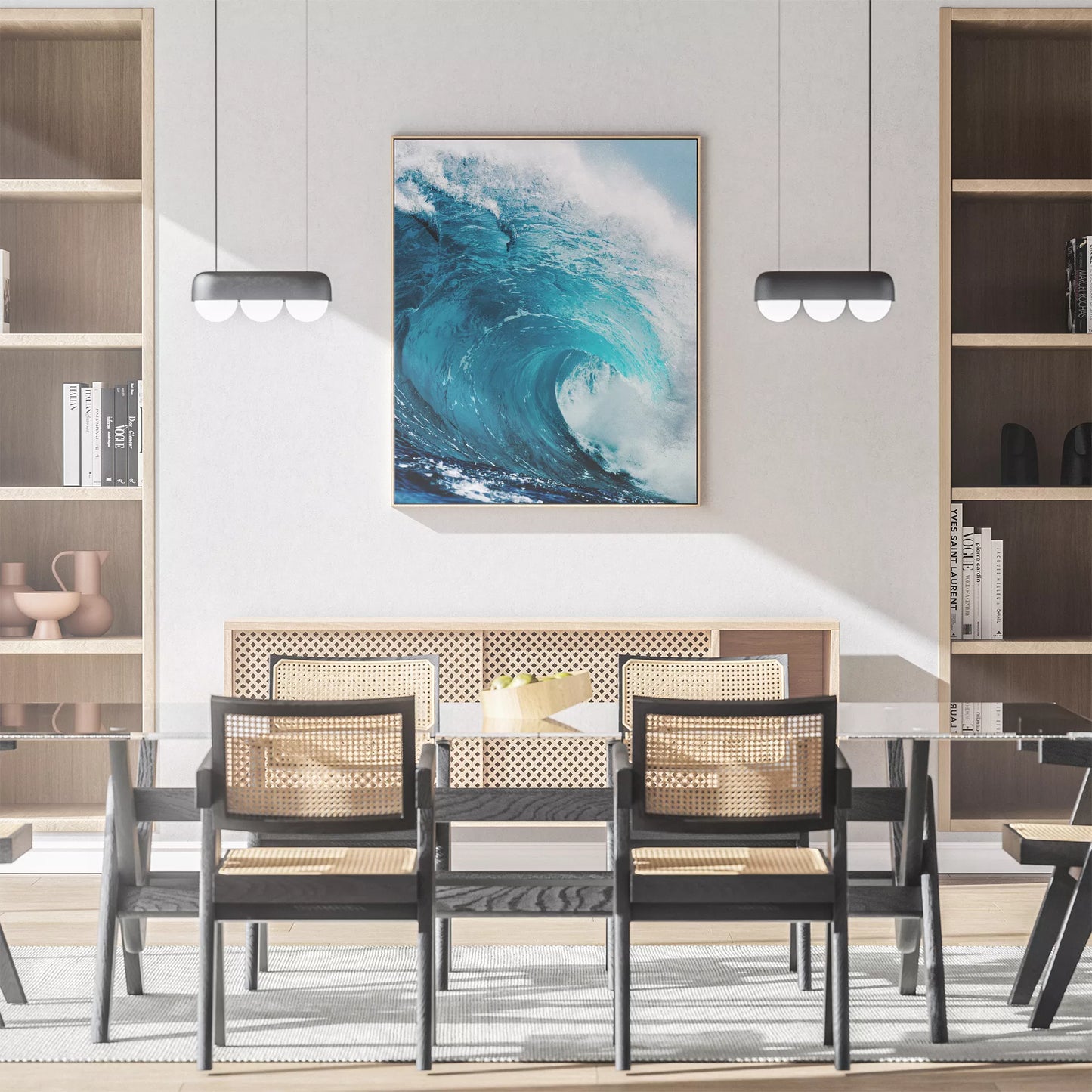 力強いターコイズブルーの波が白い泡を立てながら渦を巻き、青空を背景に迫力ある自然の躍動感を表現した海の写真。細部まで捉えられた波のダイナミックな動きと鮮やかな色彩が印象的。