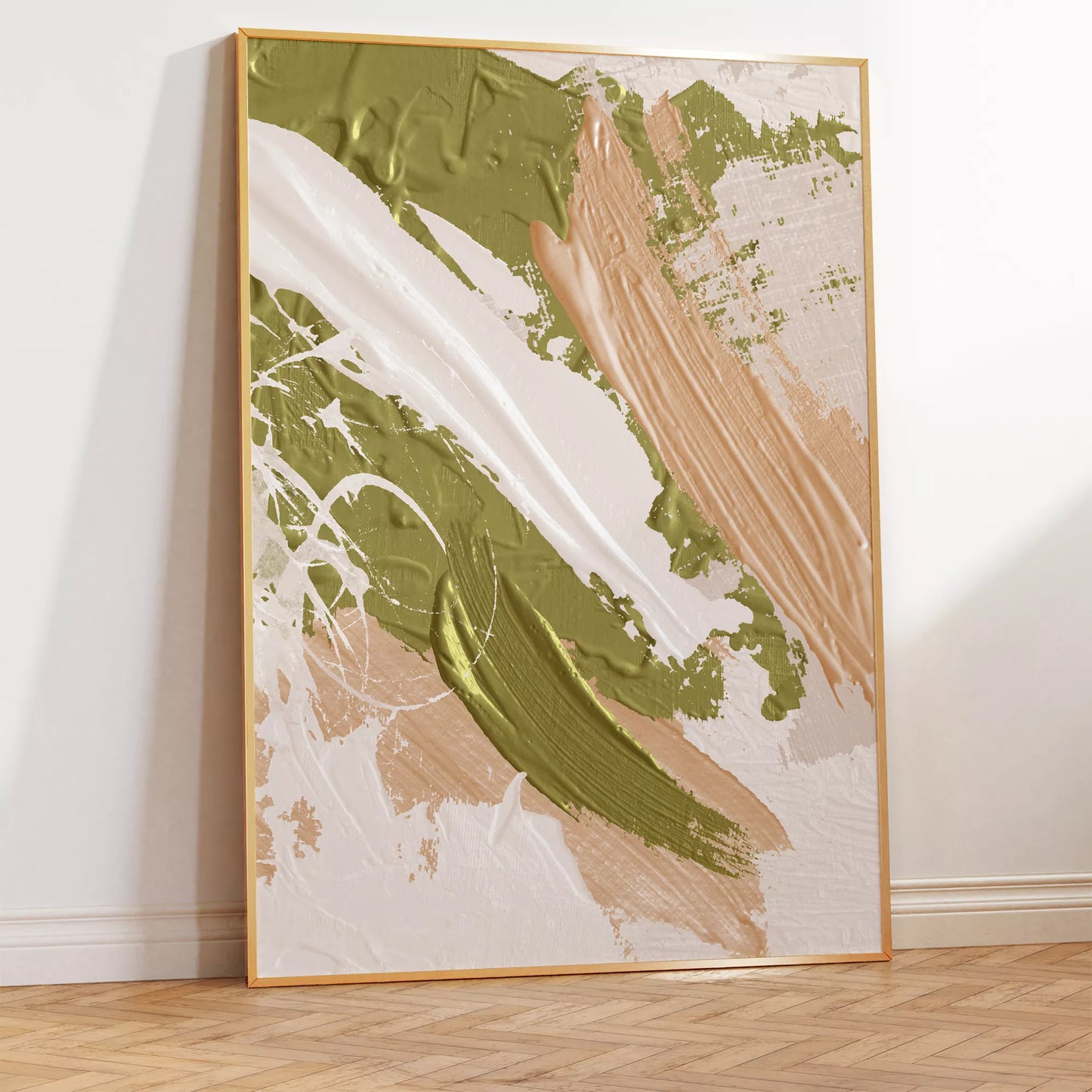 オリーブグリーンとピーチサーモン、ゴールドのエアリー抽象アートポスター3枚セット
