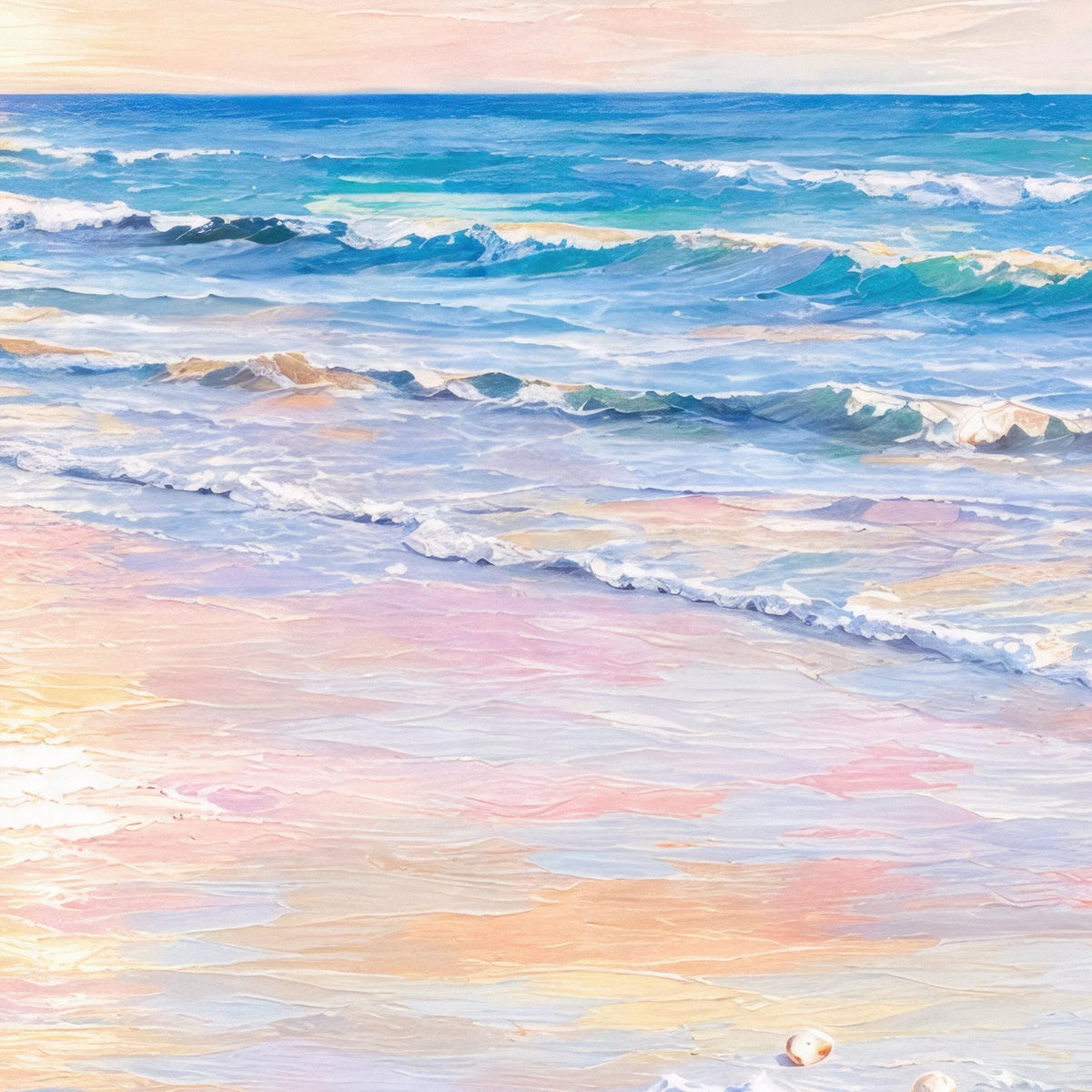 パステルピンクの砂浜と青い海、白い波をやわらかな筆タッチで描いた海辺の風景の拡大