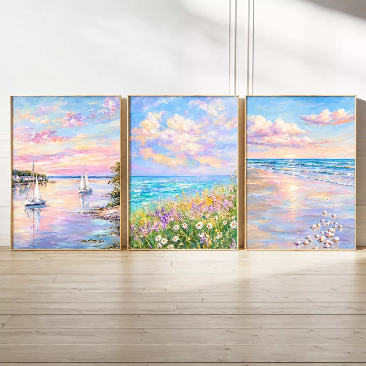 ヨットの湾、海辺の花、波打ち際を描いたパステルカラーのポスター３枚を床に並べた全体イメージ