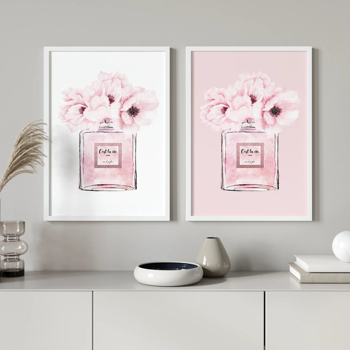 ピンク香水瓶と花のアートポスター 北欧デザイン エレガントインテリア