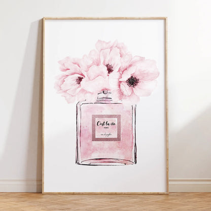 ピンク香水瓶と花のアートポスター 北欧デザイン エレガントインテリア