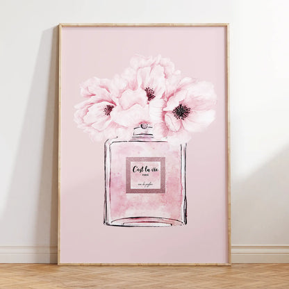 ピンク香水瓶と花のアートポスター 北欧デザイン エレガントインテリア