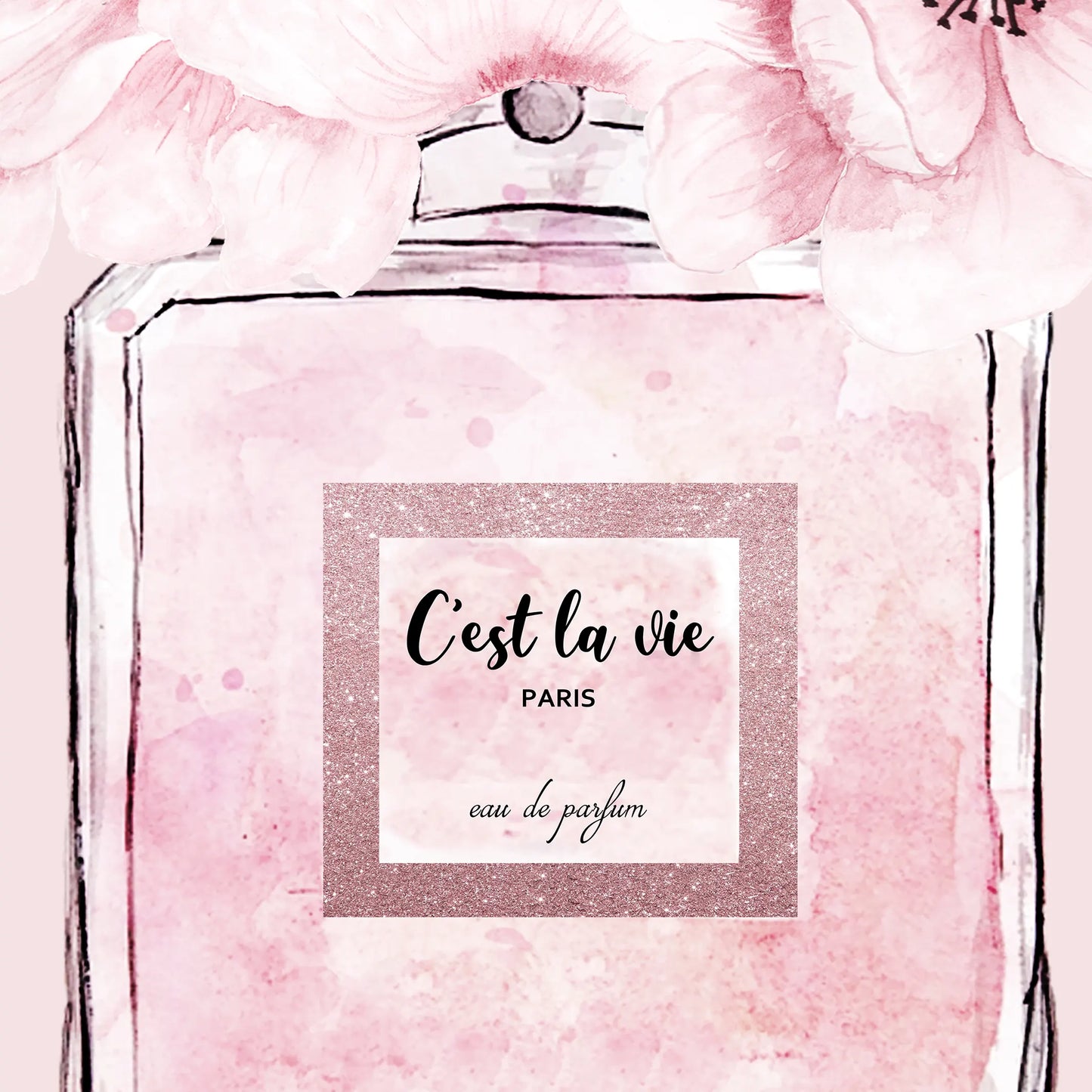 ピンク香水瓶と花のアートポスター 北欧デザイン エレガントインテリア