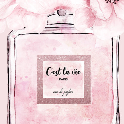 ピンク香水瓶と花のアートポスター 北欧デザイン エレガントインテリア