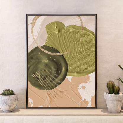 セージグリーンとベージュの抽象的な3連アート、金箔のアクセント付き