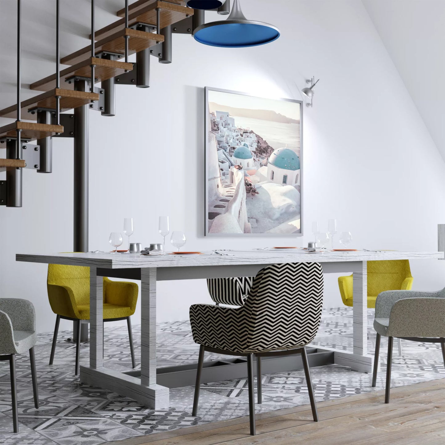 サントリーニ島の白壁の街並みと青いドームの教会、エーゲ海の景色