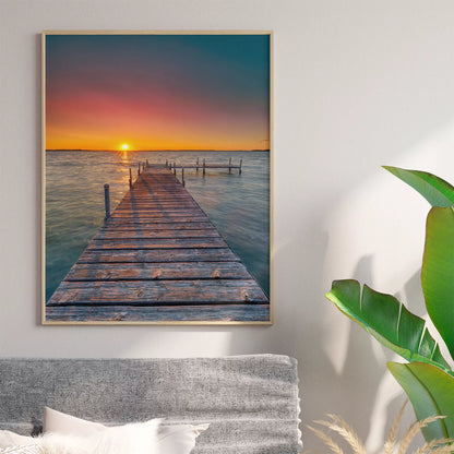 夕日が映える桟橋と海の風景アートプリント
