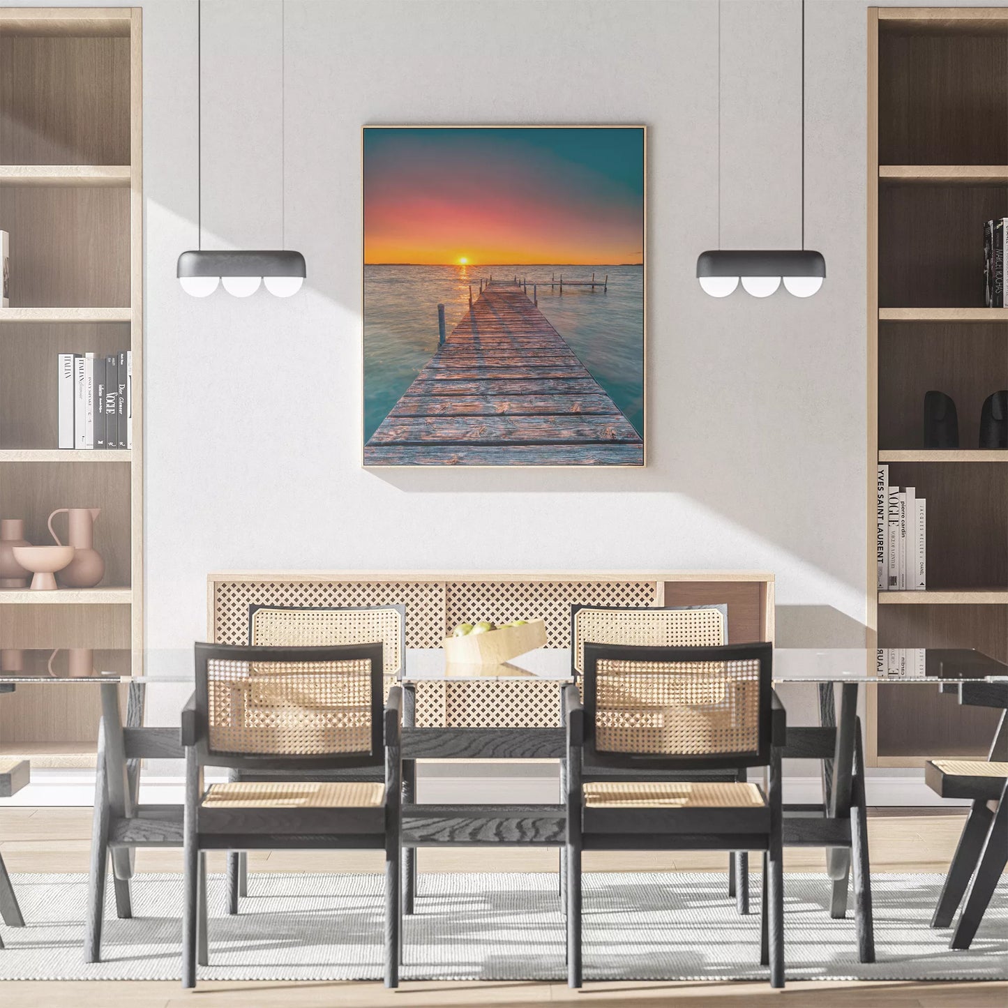 夕日が映える桟橋と海の風景アートプリント