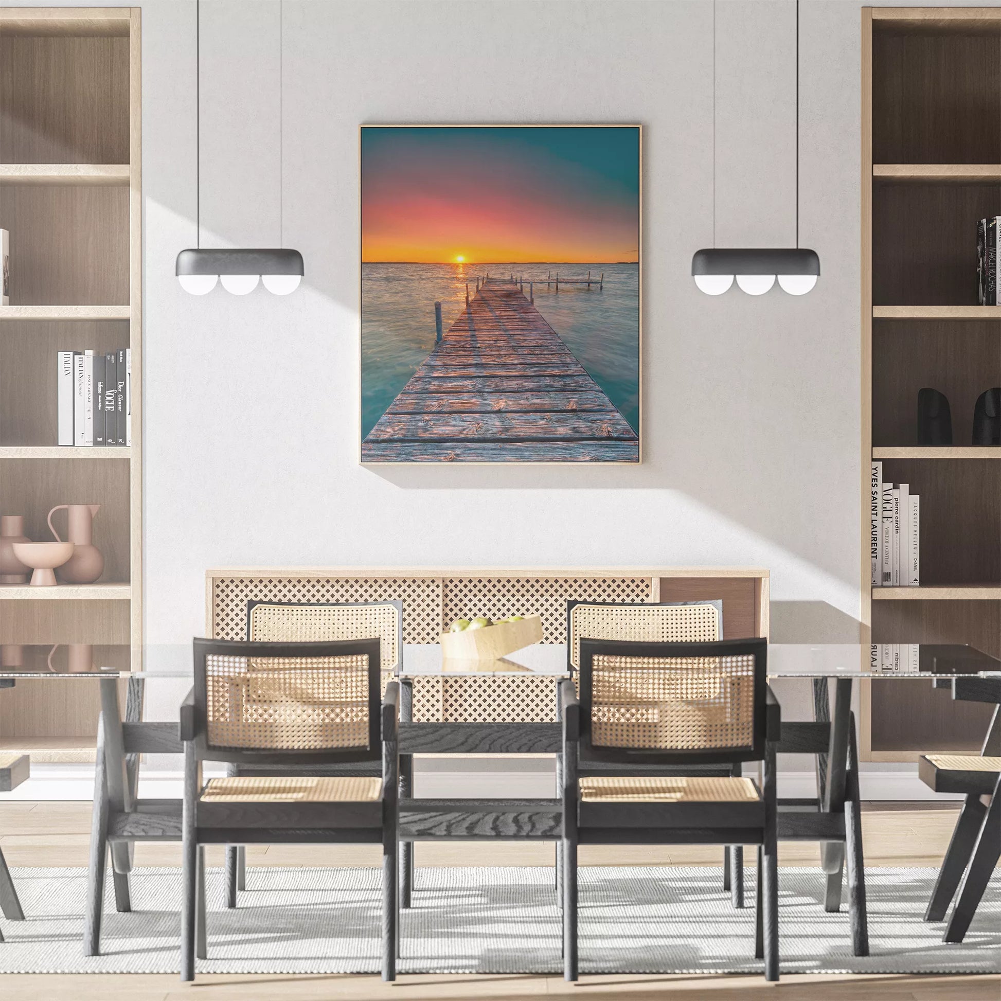 夕日が映える桟橋と海の風景アートプリント