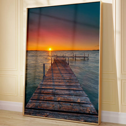 夕日が映える桟橋と海の風景アートプリント