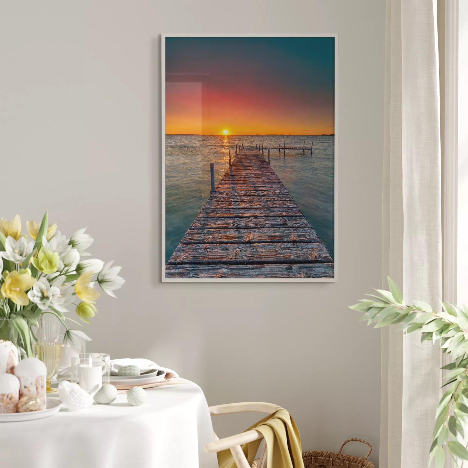 夕日が映える桟橋と海の風景アートプリント