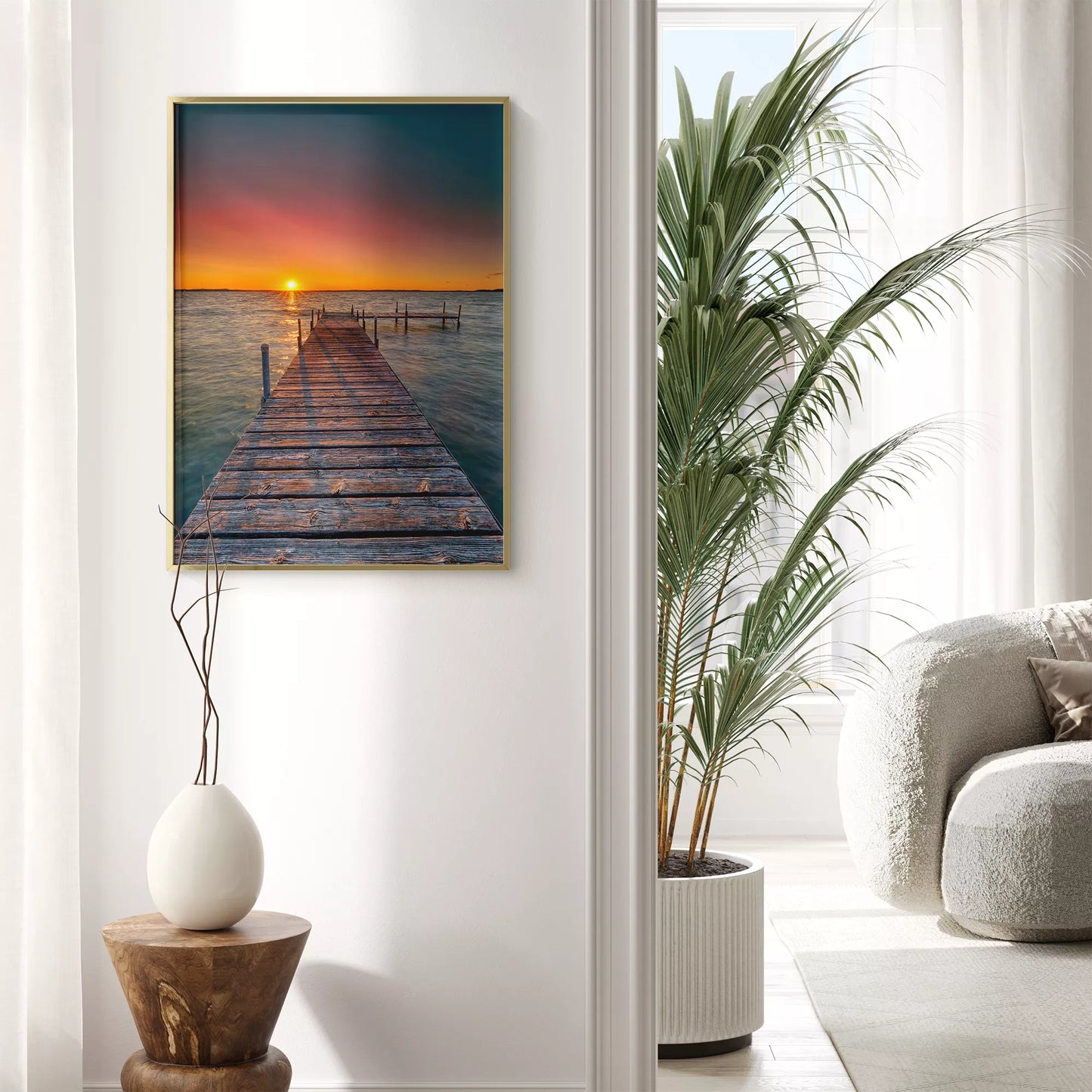 夕日が映える桟橋と海の風景アートプリント