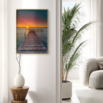 夕日が映える桟橋と海の風景アートプリント