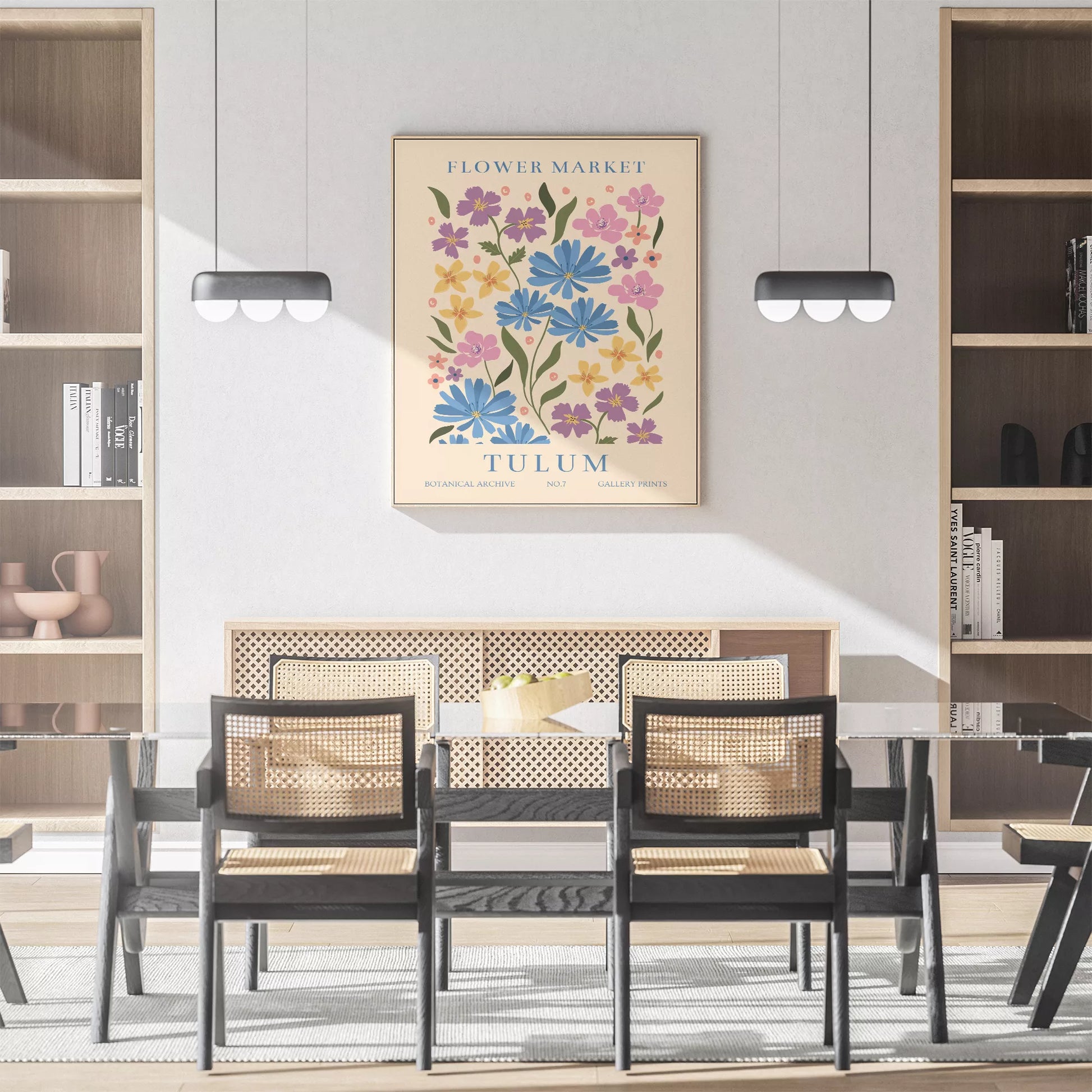 チュラムの花市場をイメージした青、紫、ピンクの花々が描かれたボタニカルアートポスター