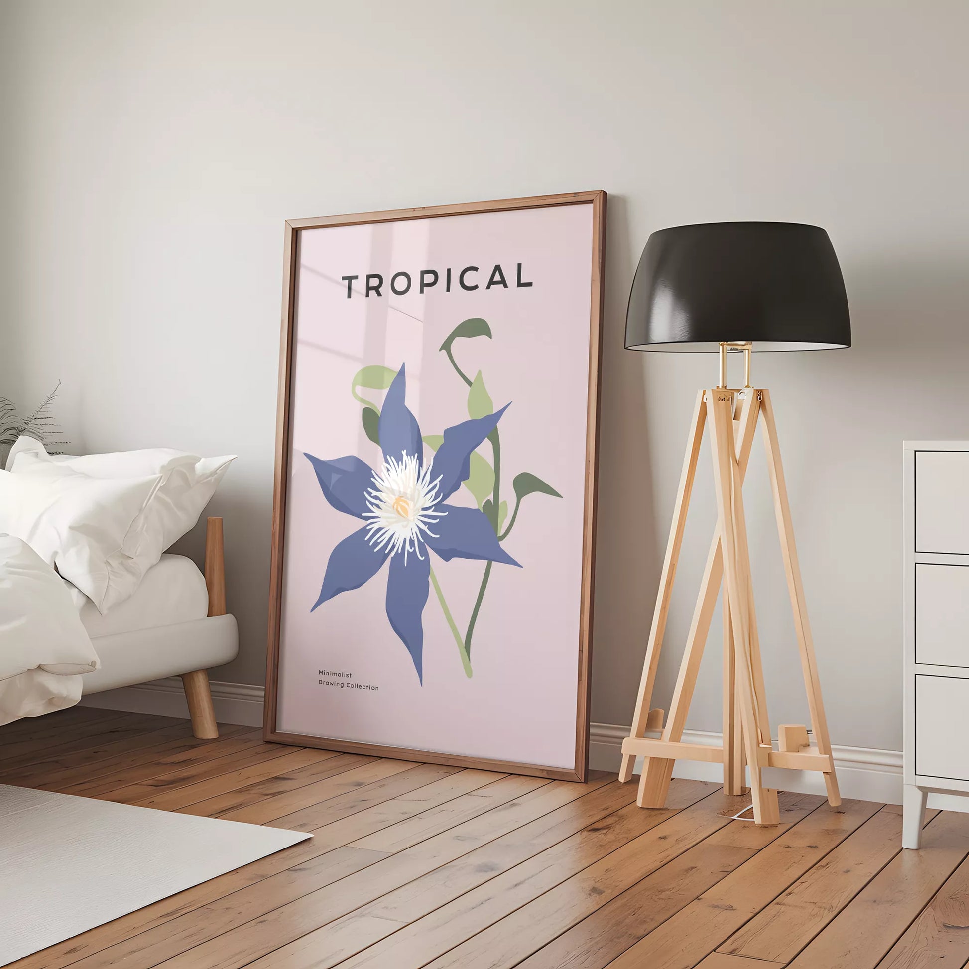 トロピカルブルーフラワーのミニマリストボタニカルアートポスター モダンインテリア