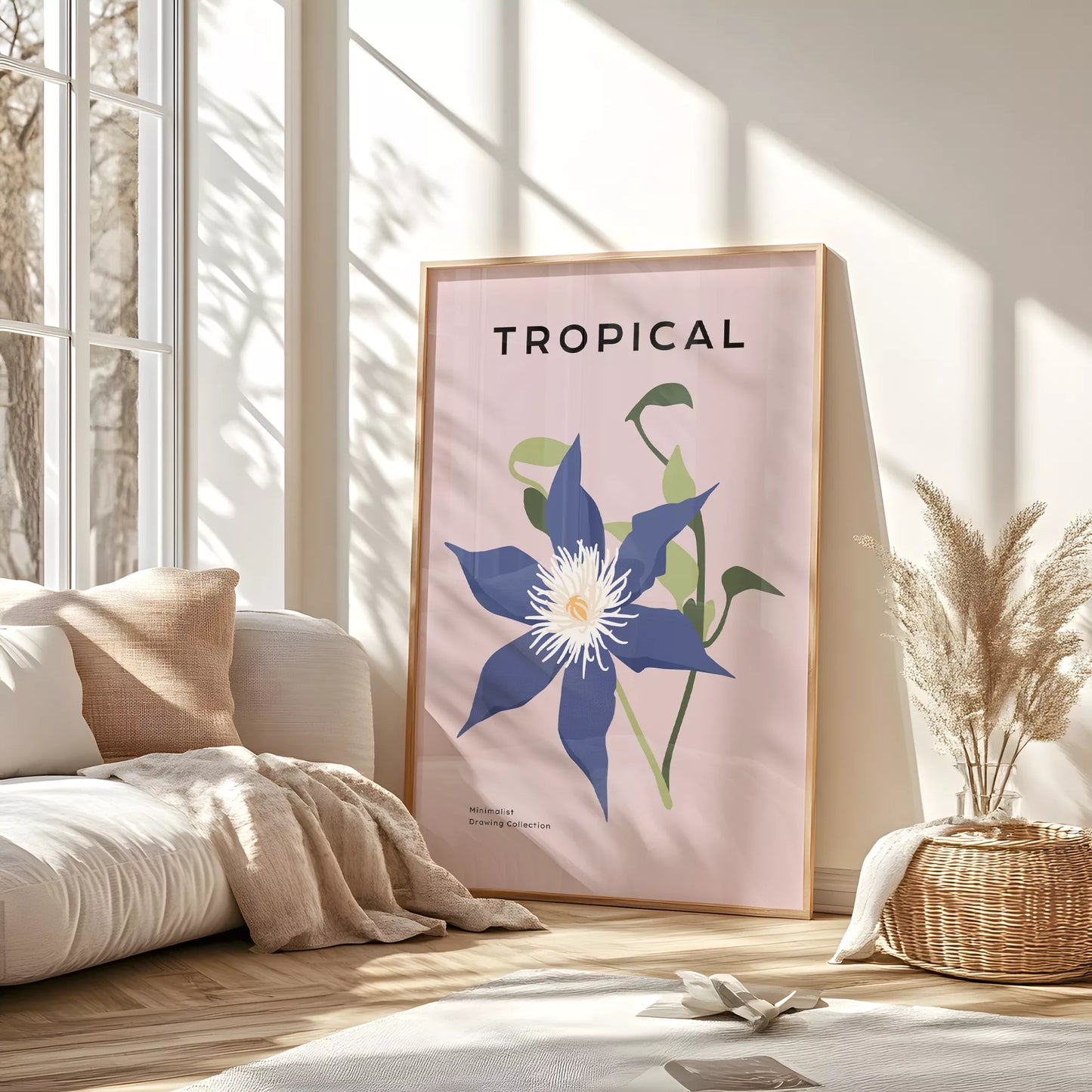 トロピカルブルーフラワーのミニマリストボタニカルアートポスター モダンインテリア