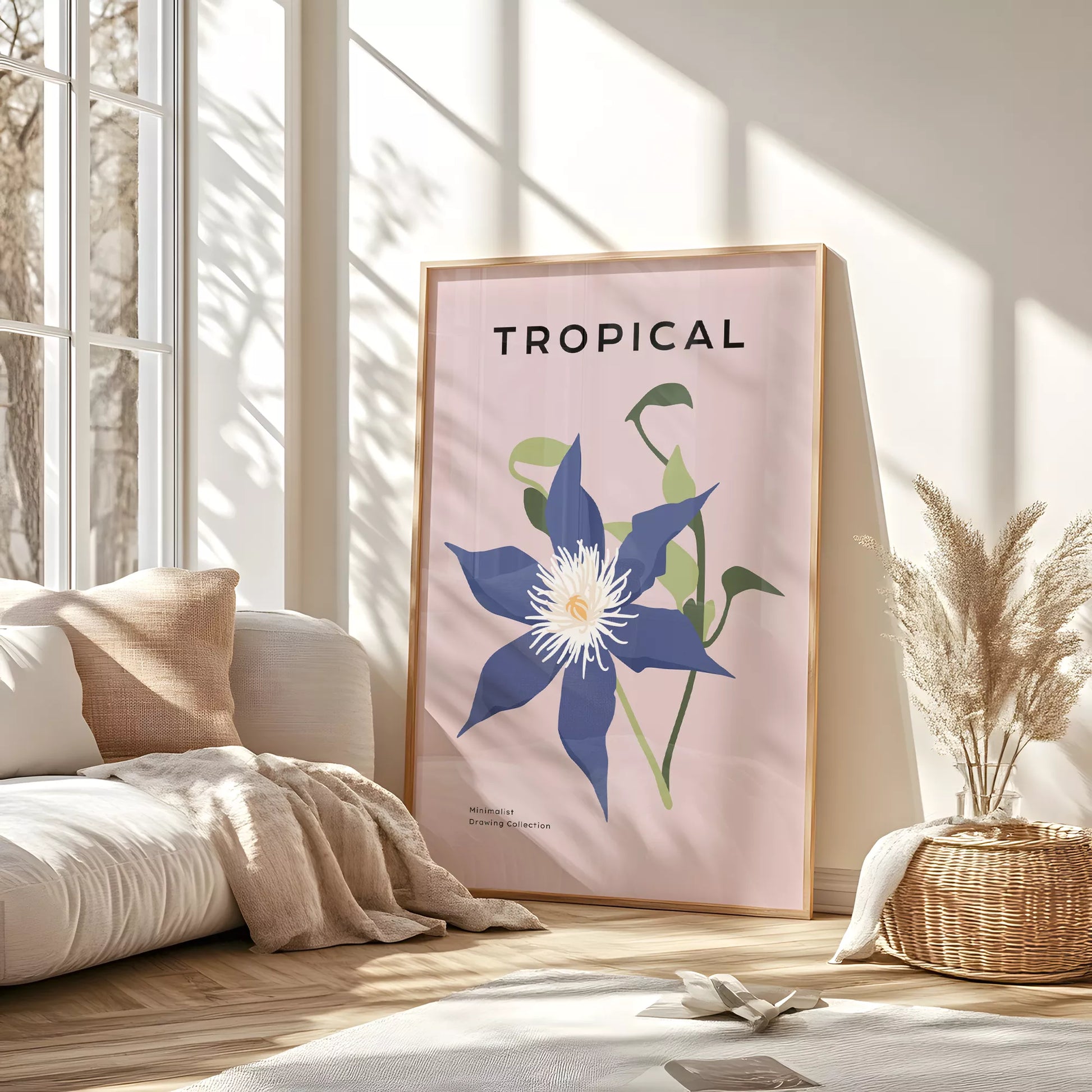 トロピカルブルーフラワーのミニマリストボタニカルアートポスター モダンインテリア